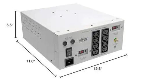 Hospital-Grade Isolation Transformer Dual Voltage 115-230V 1800W With 8 IEC C13 Outlets Workhorse Power Hub, dimensions shown