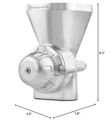 All Metal Grain Mill Attachment For Stand Mixers Lets You Grind Fresh Flour From Wheat, Corn, Rice And More From Coarse To Fine, Fits KitchenAid Models Including KGM, Includes Cleaning Brush, showing side view with dimensions.