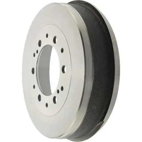 Centric C-Tek rear brake drum, silver metal with circular bolt-hole pattern around hub and dark inner surface
