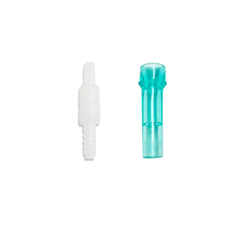 Oxygen tubing swivel connectors, white male and teal female, 2 pieces, 360° rotation, standard size.