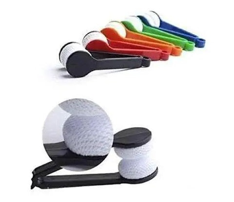 Five-pack mini microfiber eyeglasses cleaning brush clip for dust smudges, assorted colors with close-up on white microfiber pads.