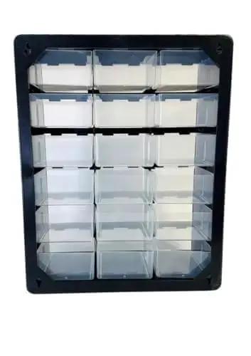 18 Drawer Parts Organizer In Matte Black Finish For DIYers And Pros, Wall Mountable Hardware And Craft Storage Unit With Clear Drawers