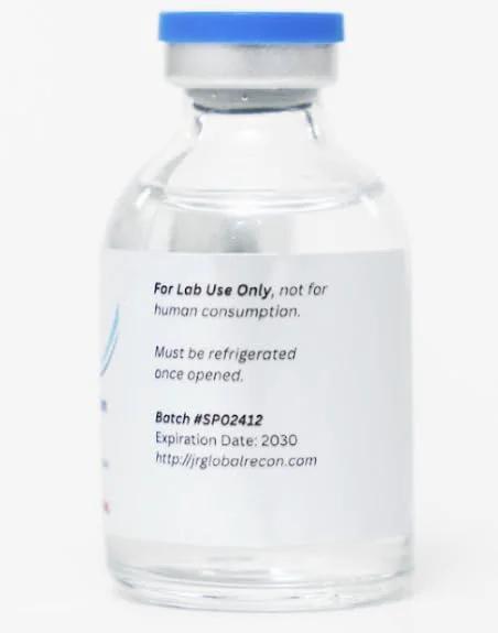 Reconstitution solution vial, 50 mL, glass with blue cap; label reads For Lab Use Only.