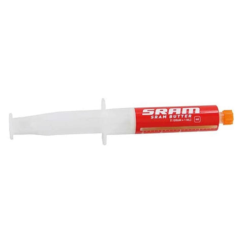 SRAM Butter Grease syringe for Pike & Reverb service, red body with orange cap and white plunger, 20 ml