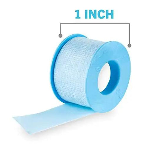 Front view of Strong Hold Pain Free Tape For Sensitive Skin 1 Roll 1 In X 4 Yds Silicone, blue and hypoallergenic silicone tape.