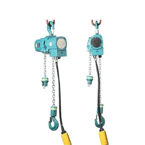 1 Ton Air Hoist With 20Ft Lift And Pendant Control For Heavy Duty Crane Hoist, side view, with chains and hooks visible.