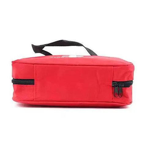 Side view of a Compact Red First Aid Bag For Emergency Medical Supplies With An Organized Interior And Multiple Pockets, 25x18x8 cm, with handle