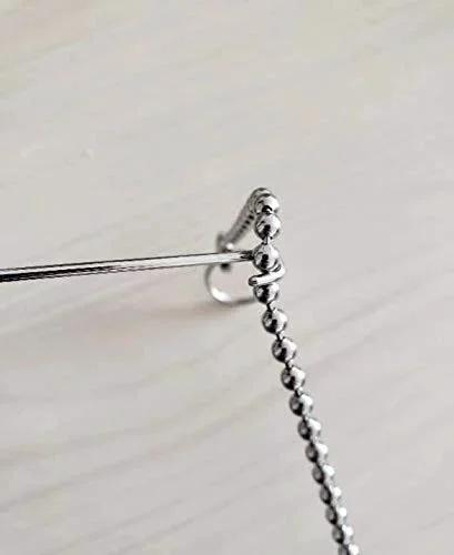 Close-up of fish ball chain with retractable retriever hook, part of 10 feet length wall wiring tool, showing stop ring to prevent dropping.