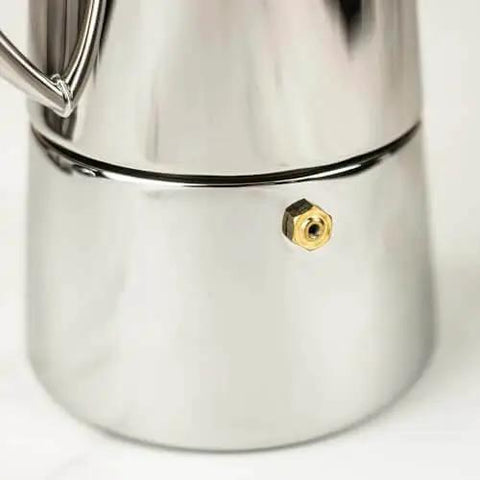Close-up of Stainless Steel Stovetop Espresso Maker For 6 Cups Easy To Clean Moka Pot With Heat Resistant Non Reactive Design
