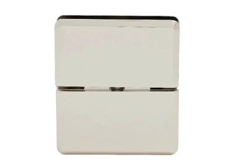 Front view of Senior Prima 02 Series Polished Nickel Top Notch Glass To Glass Mount Hinge for one half inch monolithic tempered glass