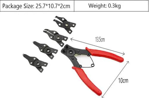 4 In 1 Snap Ring Pliers Set With 3 Interchangeable Jaw Heads Pro Grade And Heavy Duty Angled 45 Degree 90 Degree And 180 Degree For Auto And Engine Repair Red shown with dimensions and weight.