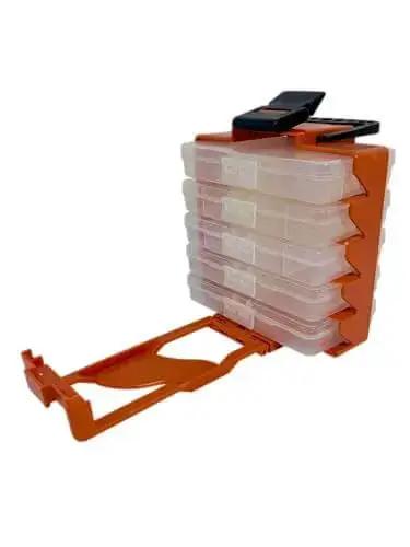 On The Go 8 Inch Portable Parts Organizer with 5 Removable Compartments, rugged industrial build, high visibility color, side view