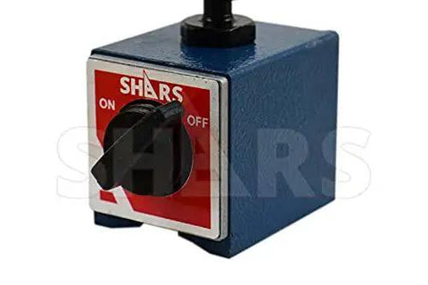 Heavy Duty Universal Magnetic Base Indicator Holder With Speed Set Fine Adjustment For Digital Dial Test Indicator Holder 176 Lbs Capacity Smooth Predictable Dial Movement Stable Magnetic Stand For Precision Metrology Machining And QC Shars 2027932, side view showing on-off switch.