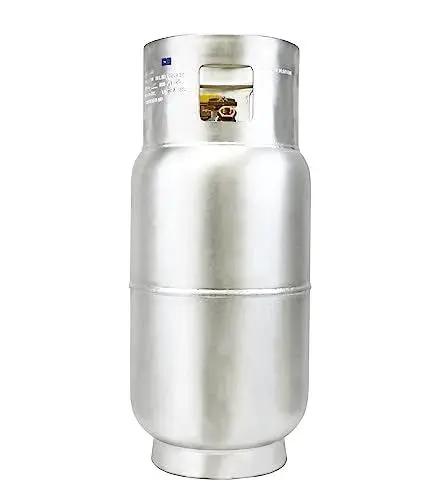 Aluminum 33.5 Lb Forklift Propane Tank With Integrated Gauge Durable Lightweight, side view showing tank material and gauge.