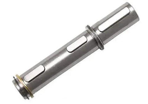 Side view of a silver machined-steel stepper motor output shaft with rectangular slots and end flange