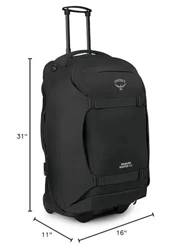 Rugged 100L Wheeled Duffel with Wingjacket Compression and Oversized 110mm Wheels, Black Osprey Sojourn Shuttle 30in 100L