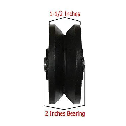 Side view of Beefy Heavy Duty Cast Iron V Groove Wheel Set for Residential Rolling Gates 4 inch by two and a half inch with roller bearing.