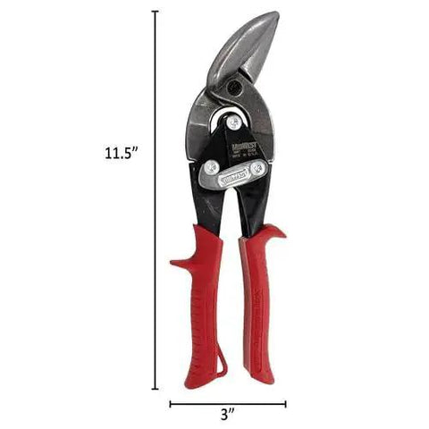 Left Cut Offset Aviation Snips And Tinner Shears For Straight And Tight Left Curves With GlideTech Forged Molybdenum Alloy Blades Austempered For Superior Strength And Long Cuts Made In The USA Midwest MWT 6510L, measuring 11.5 inches with red handles.