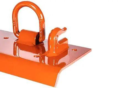 Close-up of Bolt On Tractor Grab Hooks For Kubota Buckets With D Rings 2In Receiver Orange, showing hook and D-ring on steel plate.