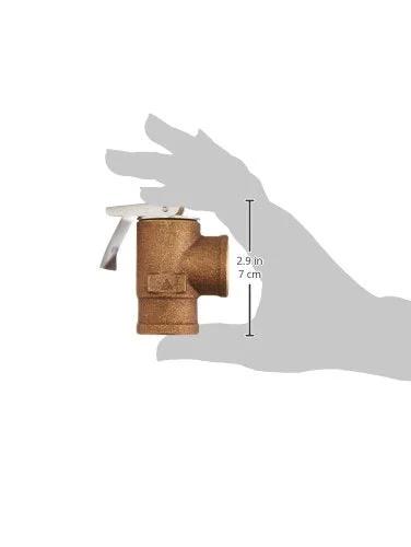 Pressure relief valve, bronze, 3/4in, 30 PSI with lever, shown beside hand for scale