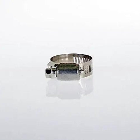 Close-up of a stainless steel hose clamp from the Stainless Steel Hose Clamp Assortment Kit With 26 Pieces And Storage Case Worm Gear Design.
