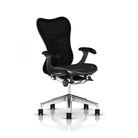 Black ergonomic office chair with mesh back on wheels, compatible with Heavy Duty Rotating Cable Actuator Gas Lift Cylinder For Mirra Embody Setu Office Chairs.