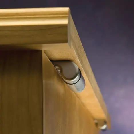 Lid Stay Torsion Soft Close Hinges Pair of 2 Rustic Bronze 60 Pound Lid Support installed on wooden cabinet holding lid at 90 degrees