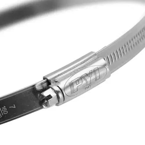 Close-up of 316L Stainless Steel Worm Gear Hose Clamp with non-perforated band, showing riveted screw cage for secure connections.