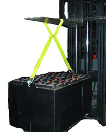 Industrial forklift battery lifting sling with neon-yellow straps lifting a large battery on a pallet (front view)