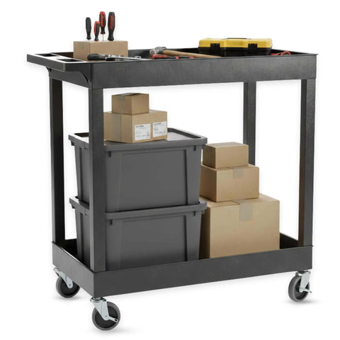 32 Inch Tub Storage Cart With Two Shelves Black Built For Maximum Capacity Ergonomic Top Handle And Super Handy Maneuver Four Swivel Casters With Two Locking Brakes Molded Plastic Shelves And Legs Won't Stain Scratch Dent Or Rust, loaded with boxes and tools