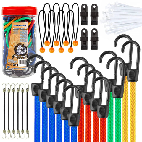 32 Piece Bungee Cords And Tarp Clips Assortment Kit With Hooks Including 10 18 24 32 40 Inch Cords And 8 Inch Canopy Tarp Ball Ties