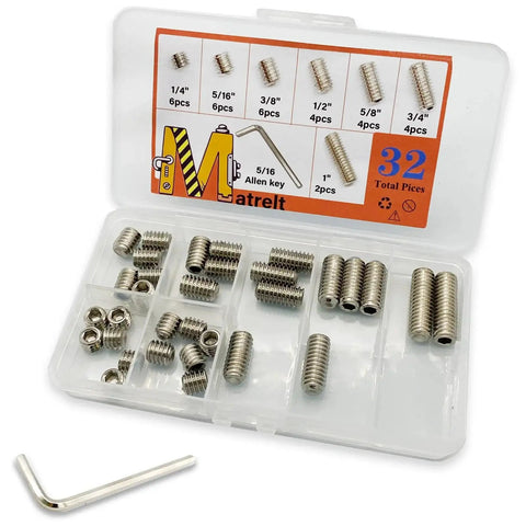 32 Piece Hex Socket Set Screws Assortment Kit 5/16-18 Thread 304 Stainless Steel Cup Point Grub Screws in Plastic Case with Allen Key