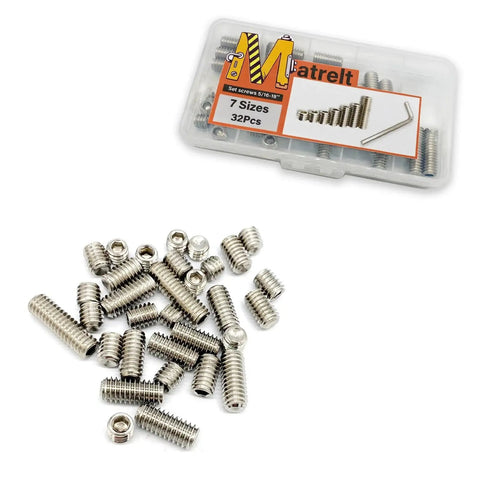 32 Piece Hex Socket Set Screws Assortment Kit 5/16-18 Thread 304 Stainless Steel in packaging with scattered grub screws