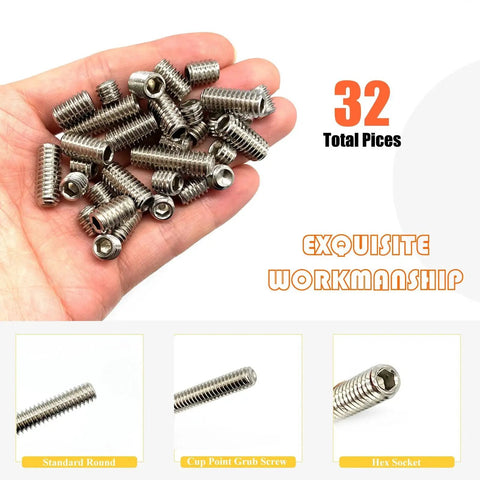 Hand holding 32 Piece Hex Socket Set Screws Assortment Kit 5/16-18 Thread 304 Stainless Steel Cup Point Grub Screws