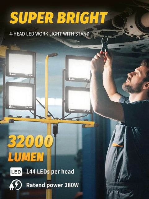 Ultra Bright 32000 Lumen LED Work Light With Stand And Remote, Four Head 280W Portable Tripod Light, technician working