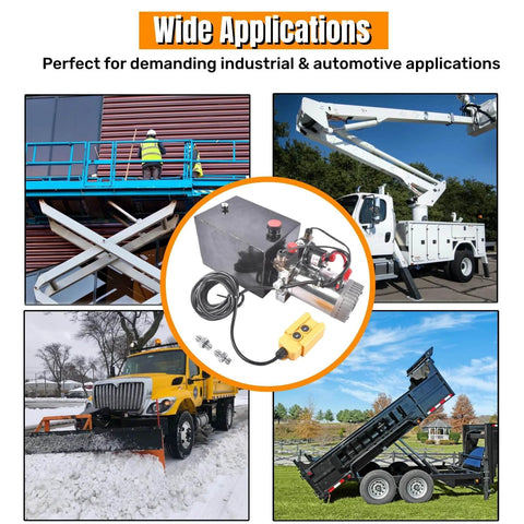 3200 PSI Hydraulic Power Unit shown with dump trailer, truck, agricultural equipment and lifting applications, Mixizap
