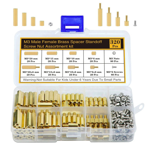 320Pcs M3 Motherboard Standoffs Screws Nuts Kit with brass spacers and organizer box for DIY electronics projects.