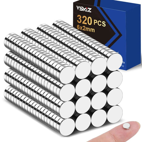 320 Pcs Small Neodymium Magnets 6x2mm Rare Earth Magnets For Whiteboards Office And School Crafts, stacked with package