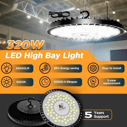 320W UFO high bay LED shop light with 45000LM, 6500K daylight visible in industrial setting