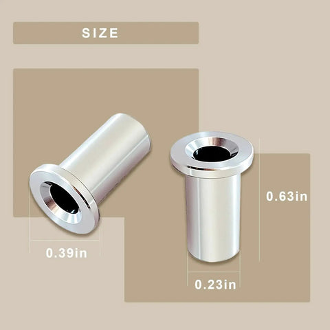 Two Six Pack 3220 Bearing Sleeves Replacement For Beverage Dispensers showing dimensions; durable stainless steel, enhances longevity.