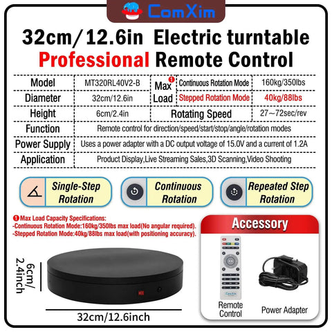 32cm Motorized Rotating Platform With 350lbs Capacity For Photography And Display, electric turntable with remote control and specs