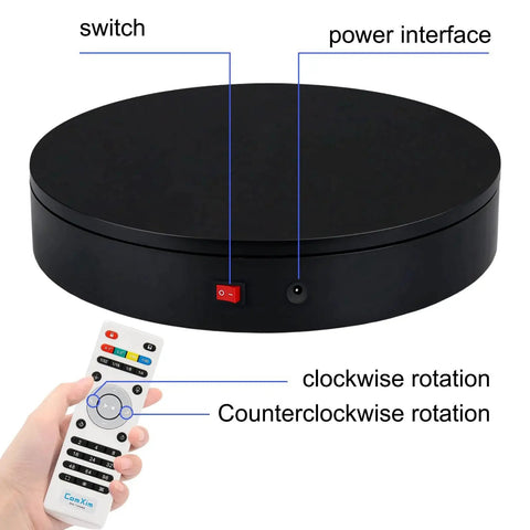 32cm Motorized Rotating Platform With 350lbs Capacity for Photography and Display shown with remote control and design features.