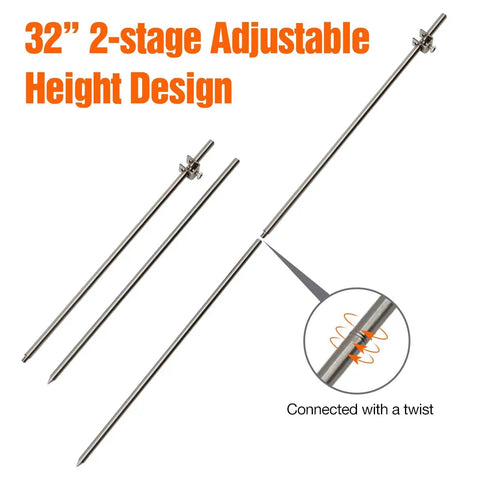 Portable Ground Rod 32 Inch Long 3/8 Inch Diameter Stainless Steel 304 with preinstalled ground clamp posts, two-stage adjustable height design.