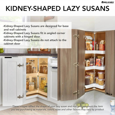32 Inch Kidney Shaped Dual Tier Lazy Susan Organizer For Corner Base Kitchen Cabinets In White Polymer installed in cabinet