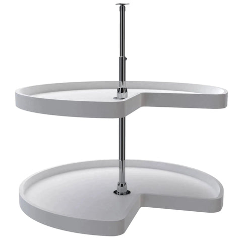 32 Inch Kidney Shaped Dual Tier Lazy Susan Organizer For Corner Base Kitchen Cabinets In White Polymer With Telescoping Shaft