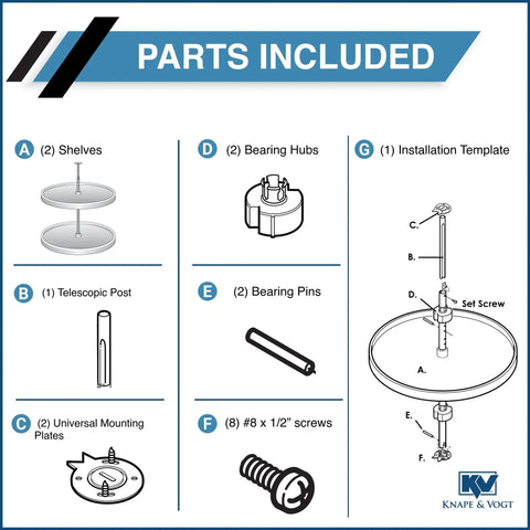 Parts included in 32 Inch Full Round Polymer Lazy Susan Cabinet Organizer White With Two Shelves And 360 Degree Rotation