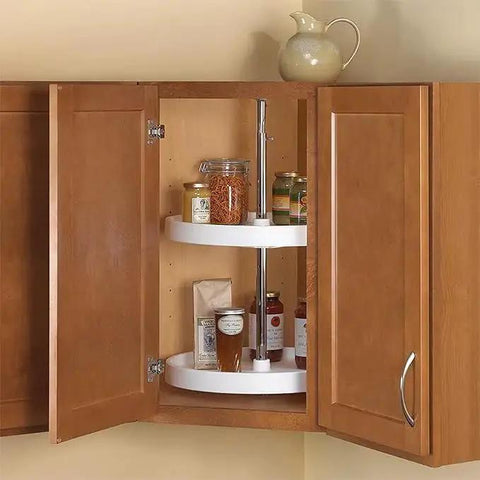 32 Inch Full Round Polymer Lazy Susan Cabinet Organizer White With Two Shelves And 360 Degree Rotation installed in wooden cabinet
