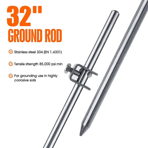 Portable Ground Rod 32 Inch Long 3/8 Inch Diameter Stainless Steel 304 With Preinstalled Ground Clamp Posts for Electric Fences
