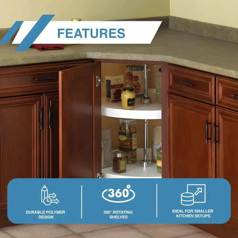 32 Inch Full Round Polymer Lazy Susan Cabinet Organizer White With Two Shelves And 360 Degree Rotation Durable Plastic Installed