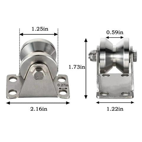 32mm Cable Pulley Wheel Wall Mount With Dual Bearings And Heavy Duty Construction For Smooth Wire Rope Travel 3 To 10mm Stainless Steel V Style Rope Pulley For Pulley System And Sliding Gate Applications, front and side view with dimensions.